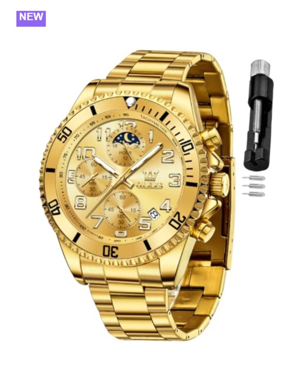 Mens Chronograph Moon Phase Dress Watch Stainless Steel Waterproof Luminous